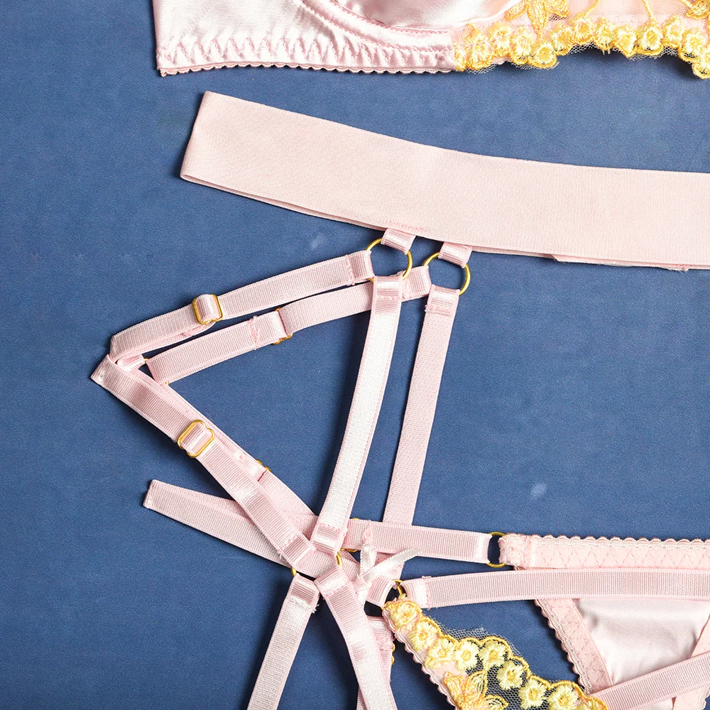 Billionm Sexy Lingerie Women Panties Bra Set Lace Hollow Out Underwear Pink Bandage Nightwear Erotic Porn Satin Lingerie Set Embroidery