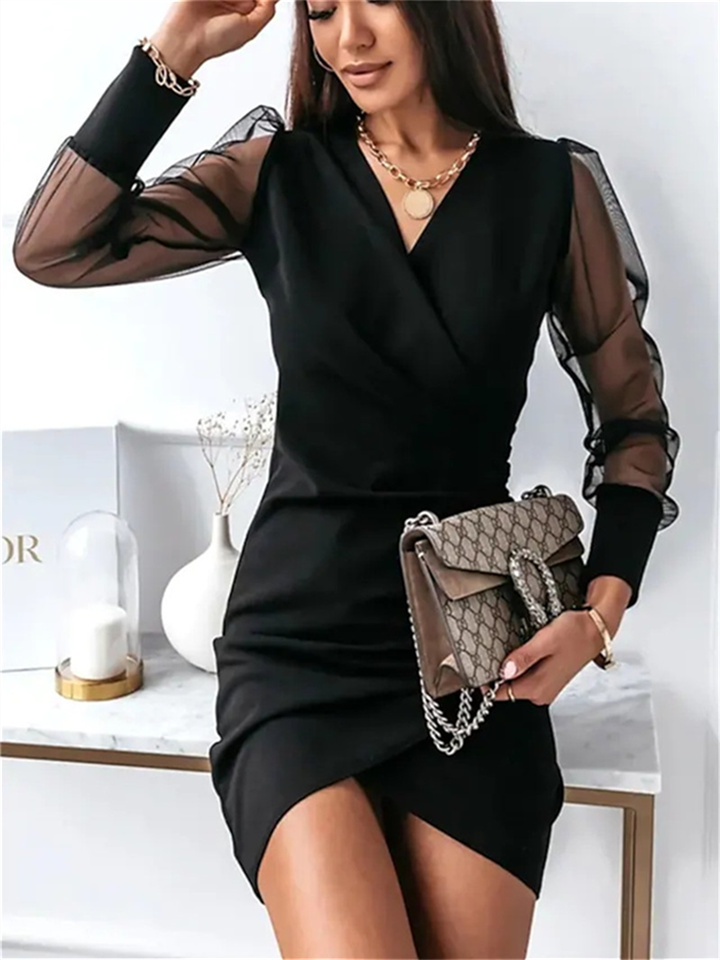 Spring and Summer New Women's V-neck Slim Sexy Mesh Long-sleeved Solid Color Irregular Dress V-neck Sexy Midriff Dress