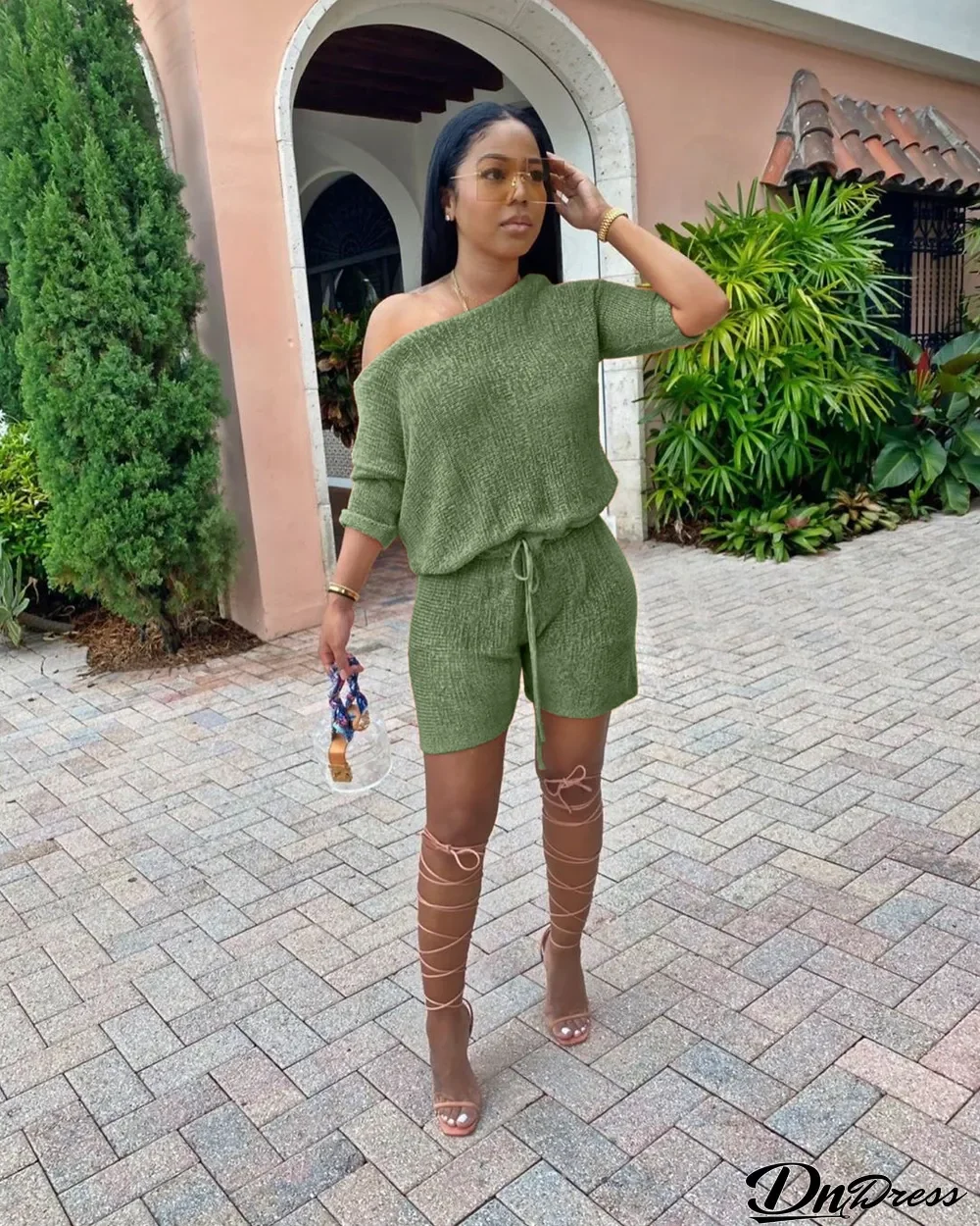 Solid Oblique Collar Two Piece Shorts Set