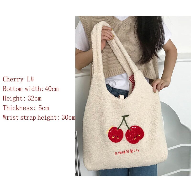 Plush Tote Bag Shopper Handbag for Women 2022 Autumn Winter Girls Casual Cute Cherry Embroidery Lmitation Wool Eco Shoulder Bags