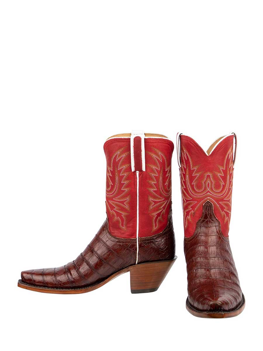 Brown & Red Snip Toe Croc-Embossed Embroidered Cowgirl Ankle Boots