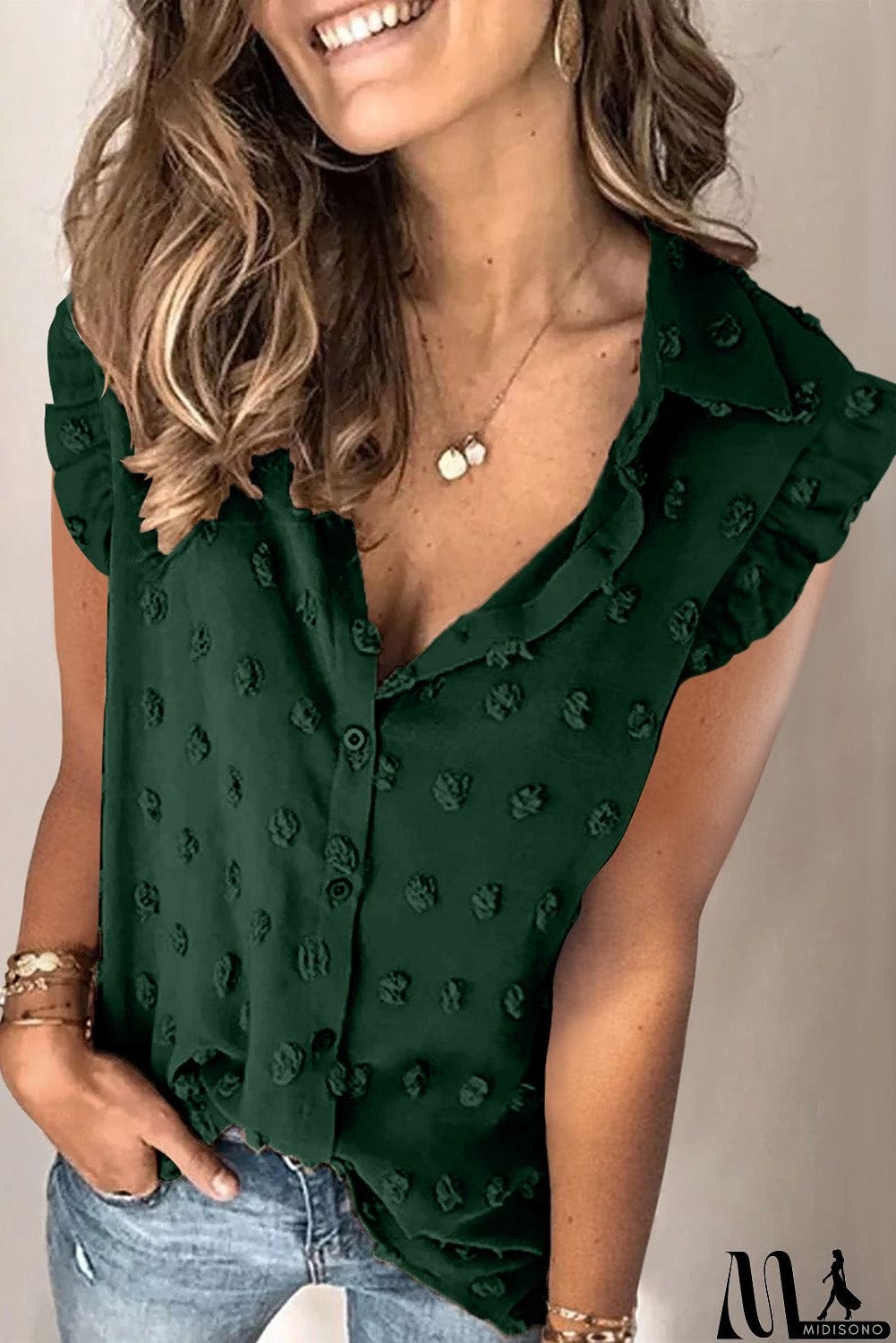 MidiSono - Turn-down Collar Ruffle Polka Dot Tank