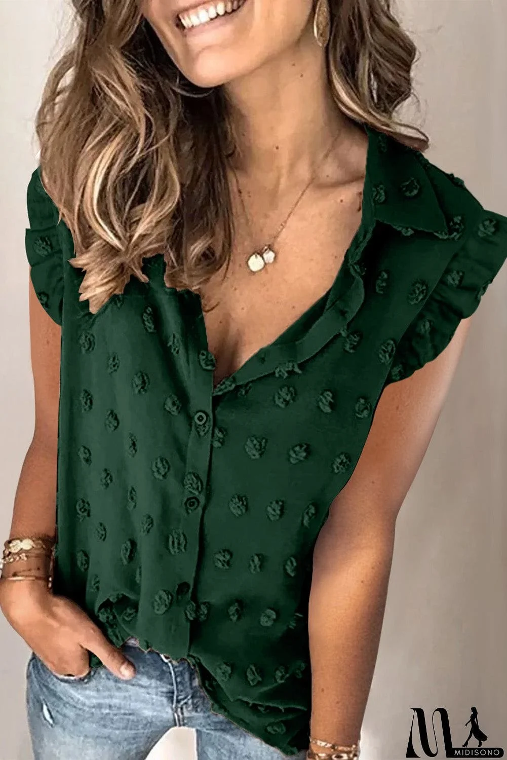 MidiSono - Turn-down Collar Ruffle Polka Dot Tank