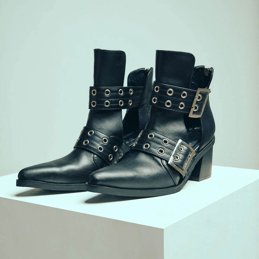 Black Mid Block Heel Cut-Out Pointed Toe Buckle Ankle Boots for Women Nicepairs