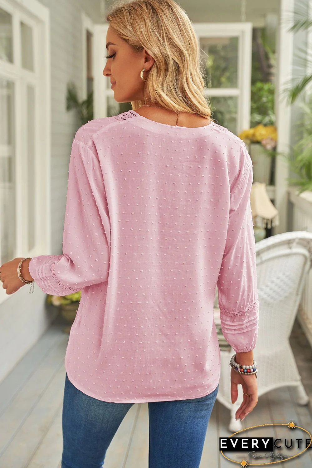 Pink V Neck 3/4 Sleeve Swiss Dot Casual Shirt