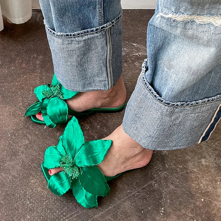 Women's Green Satin Flats Elegant Square Toe Sandal Mules Floral Shoes |FSJ Shoes