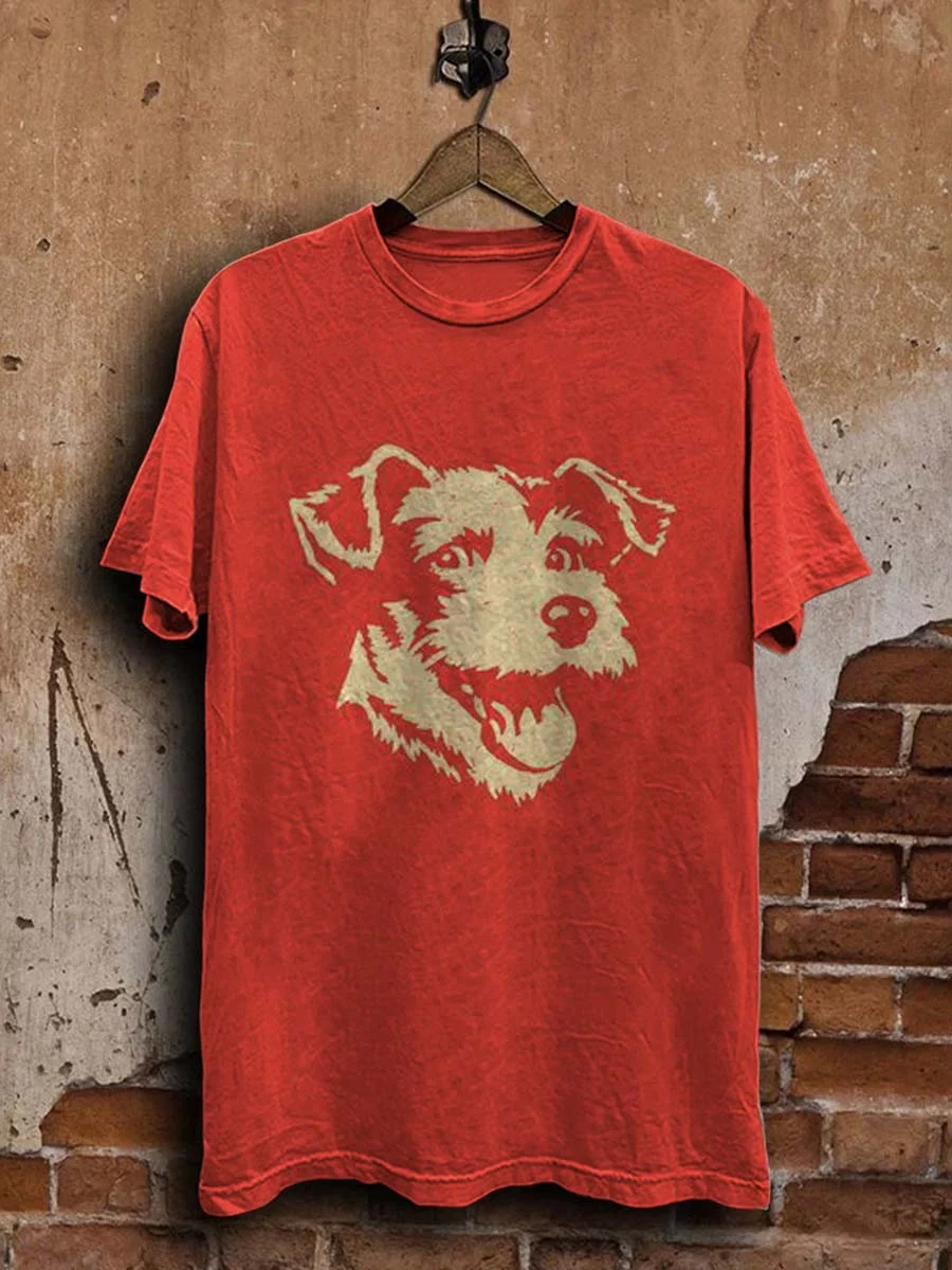 Vintage Smiling Puppy Print Casual Short Sleeve T-Shirt