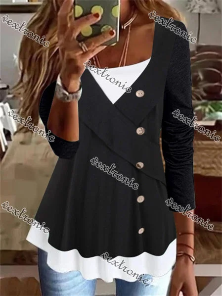 Women's Long Sleeve U-neck Buttons Fake Two-Piece Top