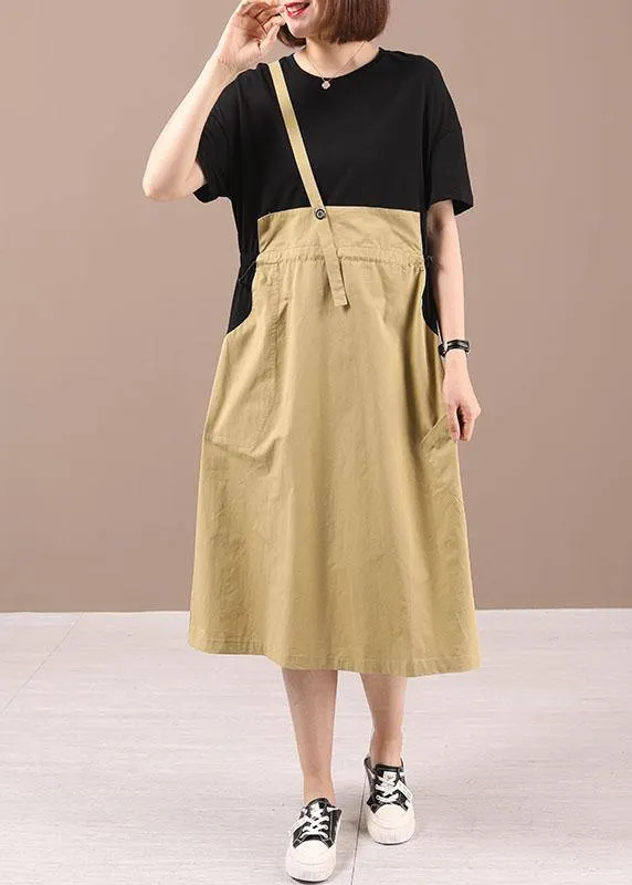 Modern Black Patchwork Summer Cotton Holiday Dress Short Sleeve
