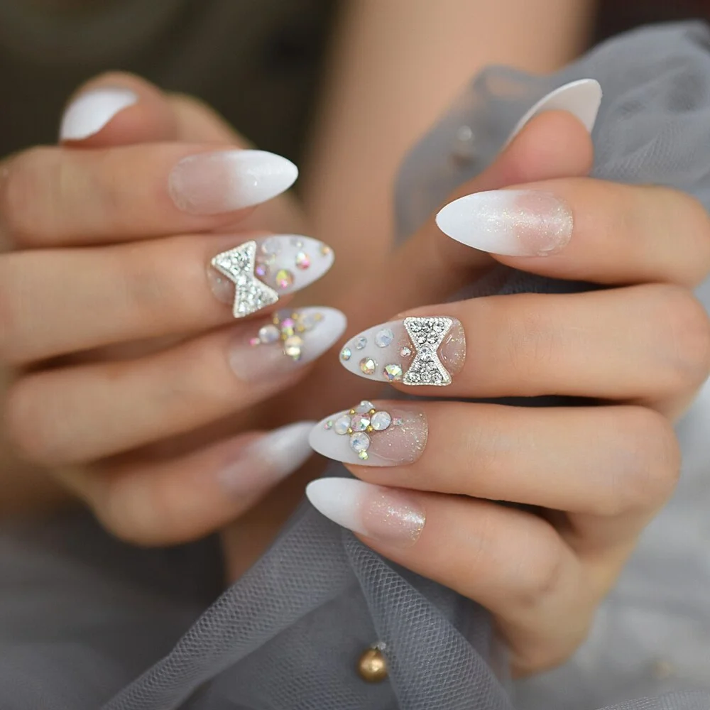 Ombre Glitter Faux Ongles White French Tips Stiletto Custom Deisgner False Nails with Rhinestones Bowknot Decoration-Nail Inspo