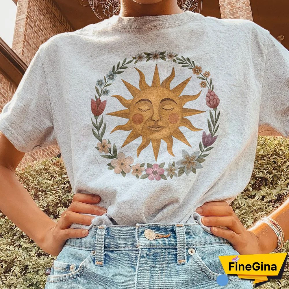Vintage Round Neck Short-Sleeved Sun Flower Print Tee