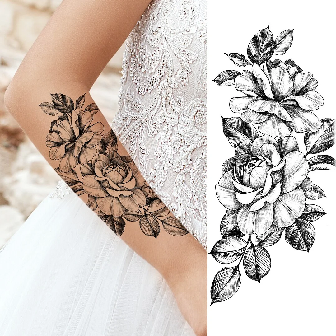 Sdrawing Peony Flower Moon Temporary Tattoos For Women Adult Rose Daisy Crown Fake Tattoo Fashion Washable Half Sleeve Tatoos