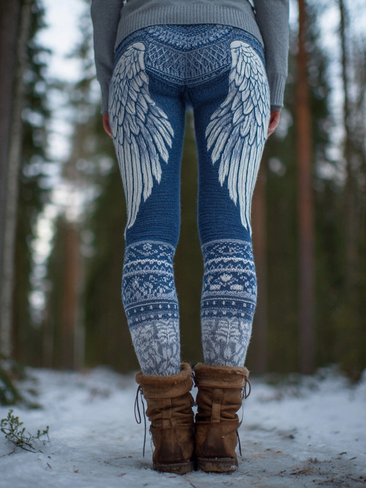 Vintage Viking Style Wings Pattern Cozy Knit Leggings elevenforest