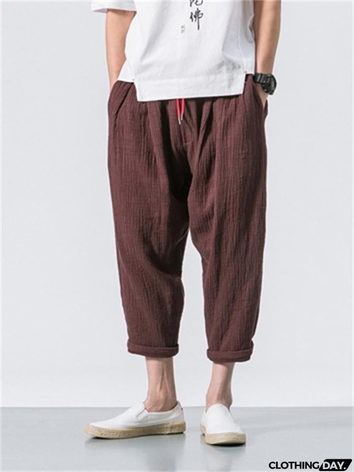 Men's Casual Loose Fashion Solid Color Linen Cropped Pants