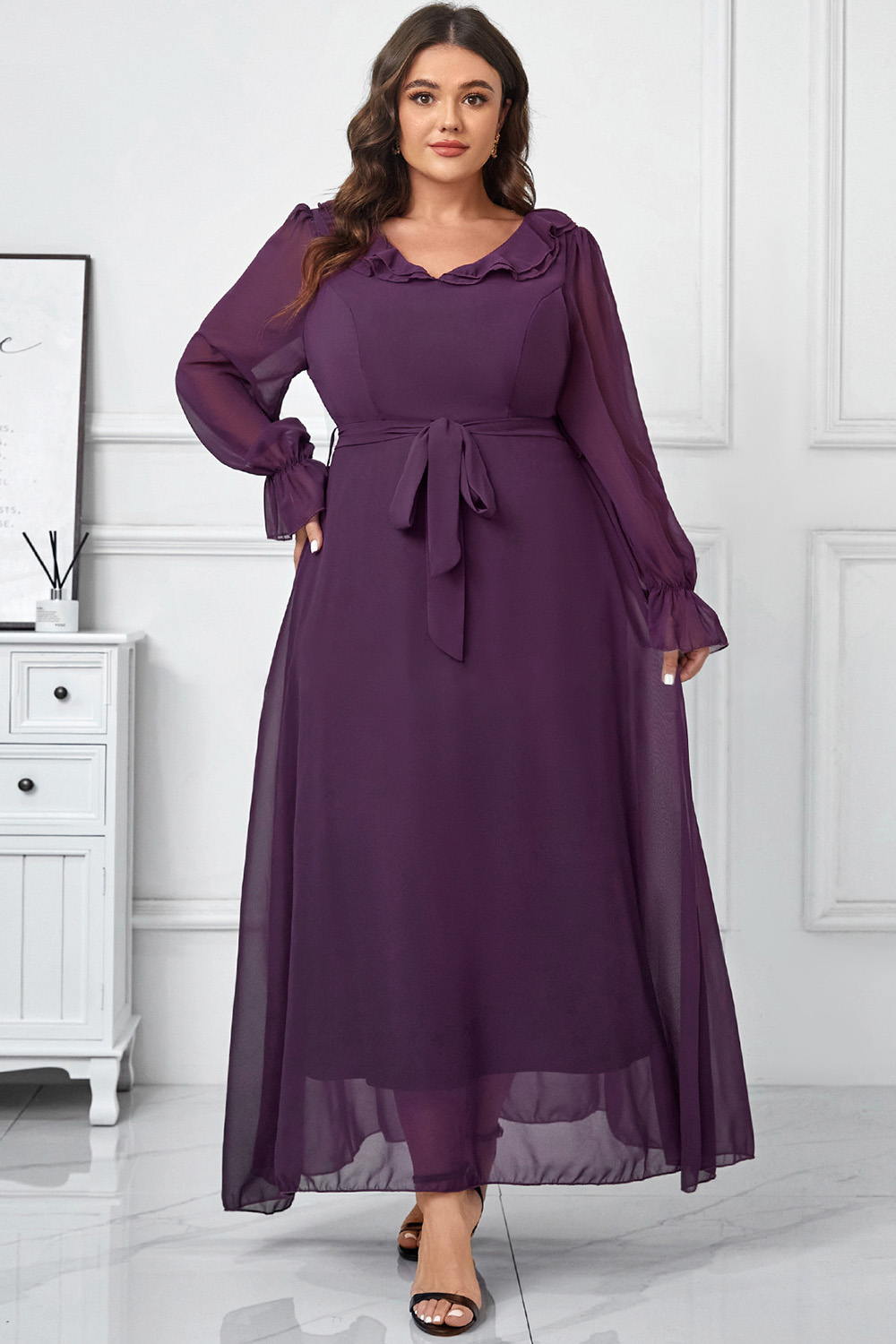 Plus Size Mother Of The Bride Grape Chiffon Ruffle Long Sleeve Lace-Up Maxi Dress