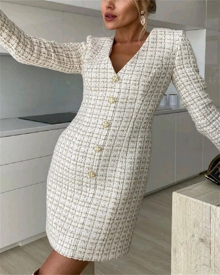 Women' V-neck White Long Sleeve Tweed Dress