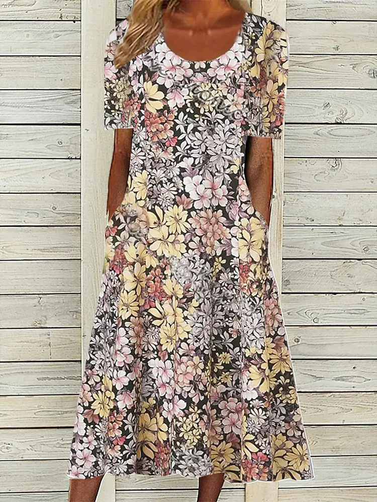Crew Neck Floral Vacation Dresses