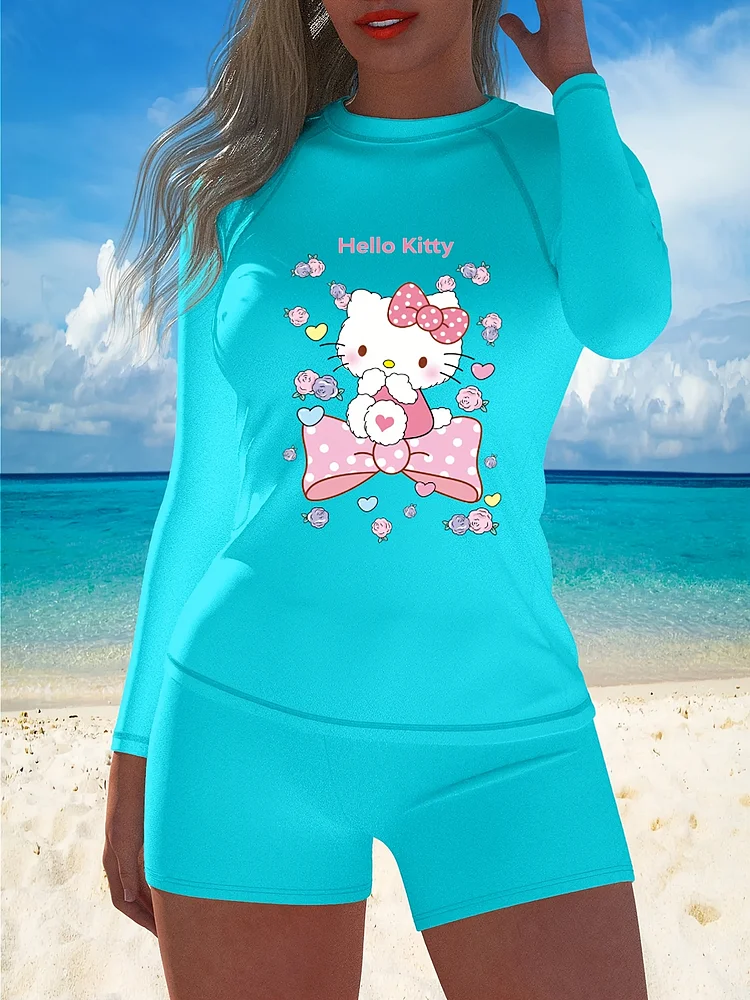 Classic Popular Limited Time Special Genuine Sanrio Cute Print With High Elasticity Light Beige Friendly Material Women's Two-Piece Swimsuit Long Sleeved Top Four Corner Flat Bottom Swimsuit Suitable For Beach Vacation Pool Partie