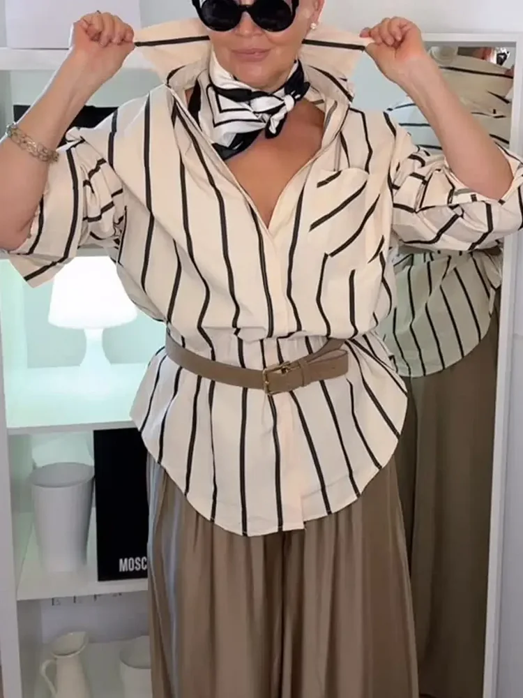 Women's Striped Print Long-sleeved Casual Loose Cotton Shirt