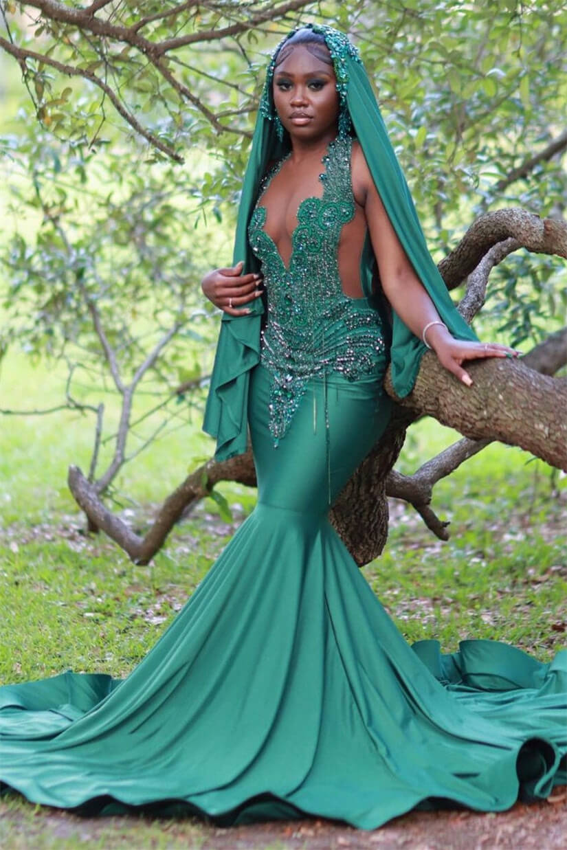 Luluslly Dark Green Halter Sleeveless Mermaid Prom Dresses With Beadings Online