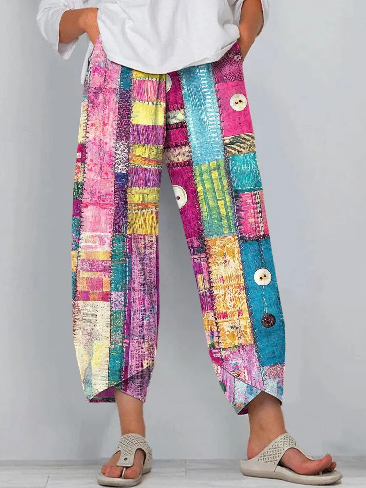 Women's Boho Colorful Patchwork Linen Blend Pants