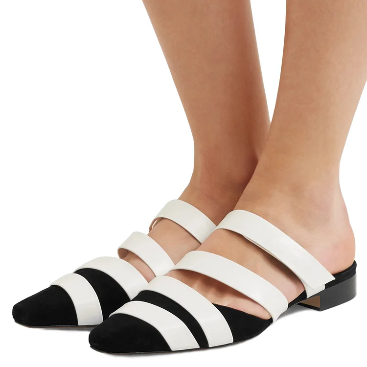 Women's White and Black Comfortable Flats Strappy Mules Sandals |FSJ Shoes