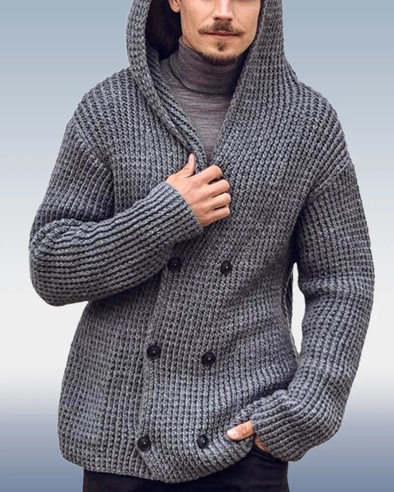 Men's Long Sleeve Double Breasted Knit Hooded Sweater