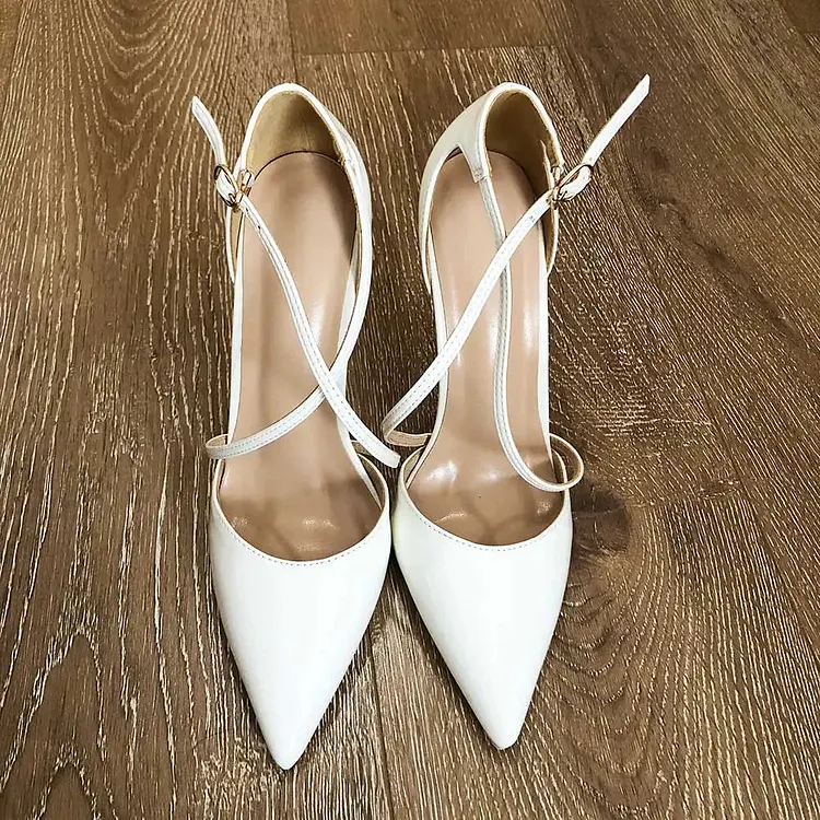 White Glossy Patent Cross Strap Stiletto Pumps for Women