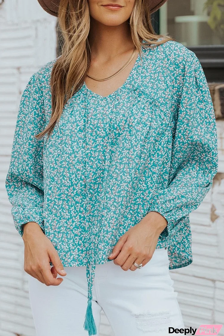 Ditsy Floral Tassel Tie High-Low Blouse