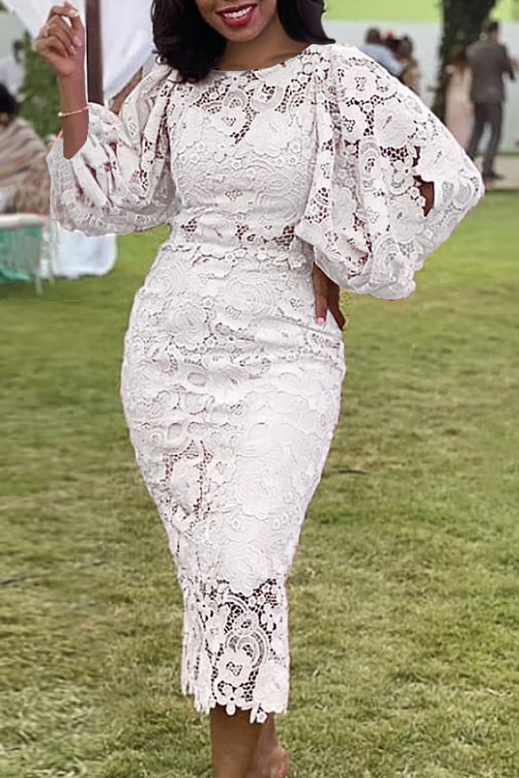 Plus Size Formal White Floral Print Lace Hollow Out Lantern Long Sleeve High Waist Midi Dress