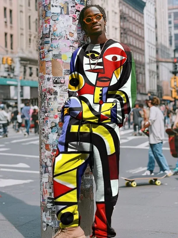 Men's Colorblock Geometric Abstract Portrait Print Sweatshirt Sweatpants Matching Set