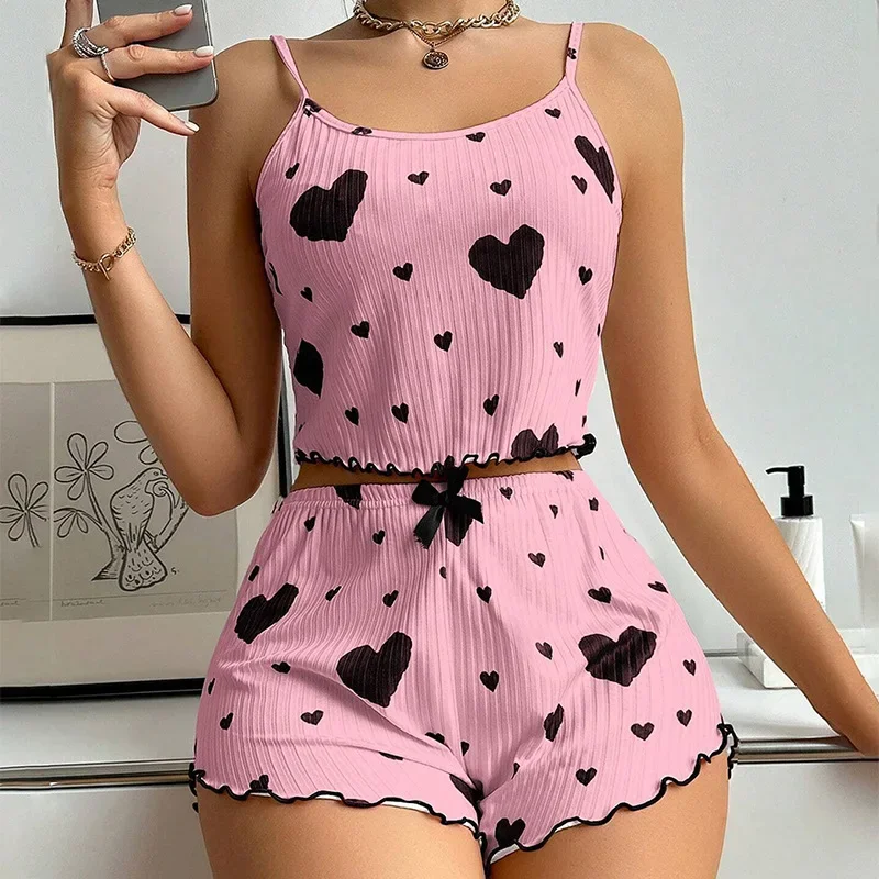 Alccn Heart Printed Cotton Pajamas for Women Summer 2-piece Sexy Sleepwear O-neck Pajama Top and Shorts Set Soft Sleeveless Nightwear