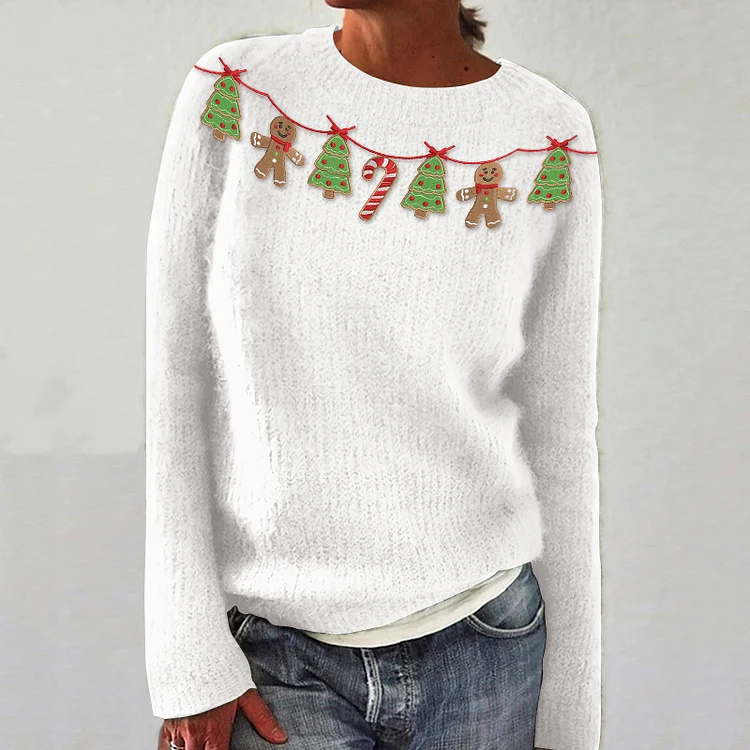 Women's Christmas Tree Gingerbread Embroidery Art Knitted Casual Sweater