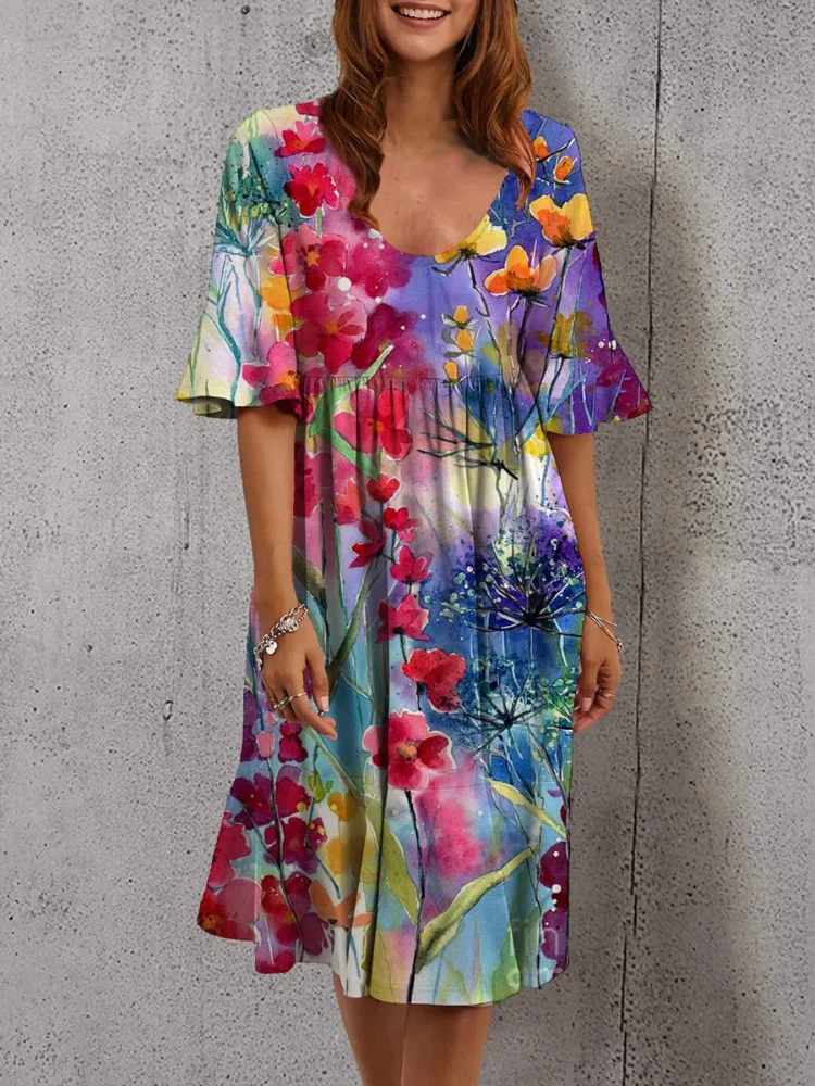 Floral Print Ruffle Midi Dress