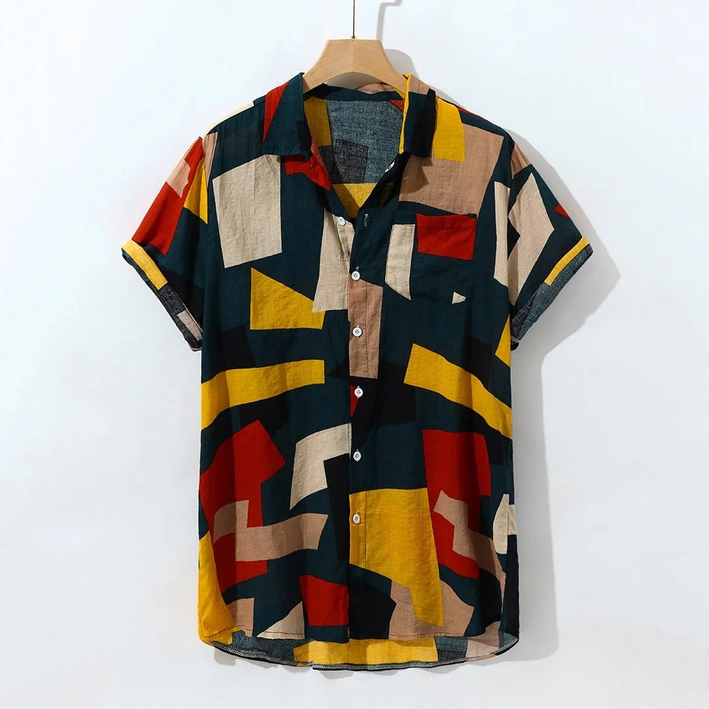 Summer Men Hawaiian Shirt Loose Pocket Geometric Print Short Sleeve Lapel Neck Buttons Casual Beach Shirts Men 2021 Streetwear