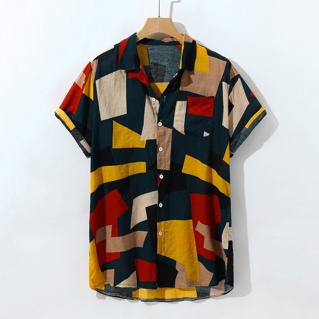 Summer Men Hawaiian Shirt Loose Pocket Geometric Print Short Sleeve Lapel Neck Buttons Casual Beach Shirts Men 2021 Streetwear