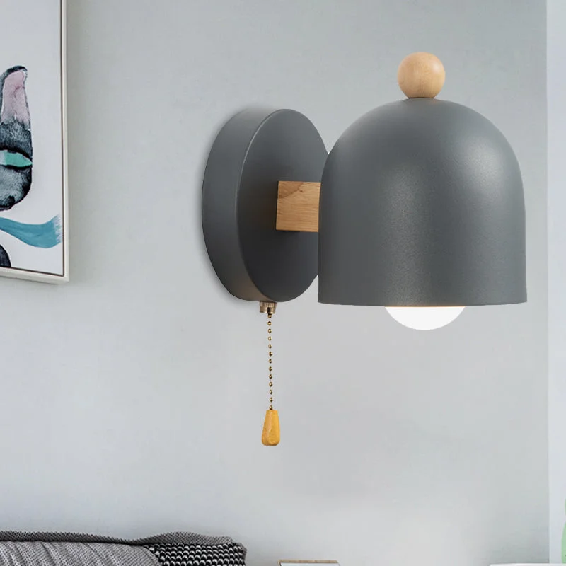 Nordic Small Dome Pull-Chain Wall Lamp Iron 1 Bulb Bedroom Wall Mount Lighting in Grey with Wood Detail