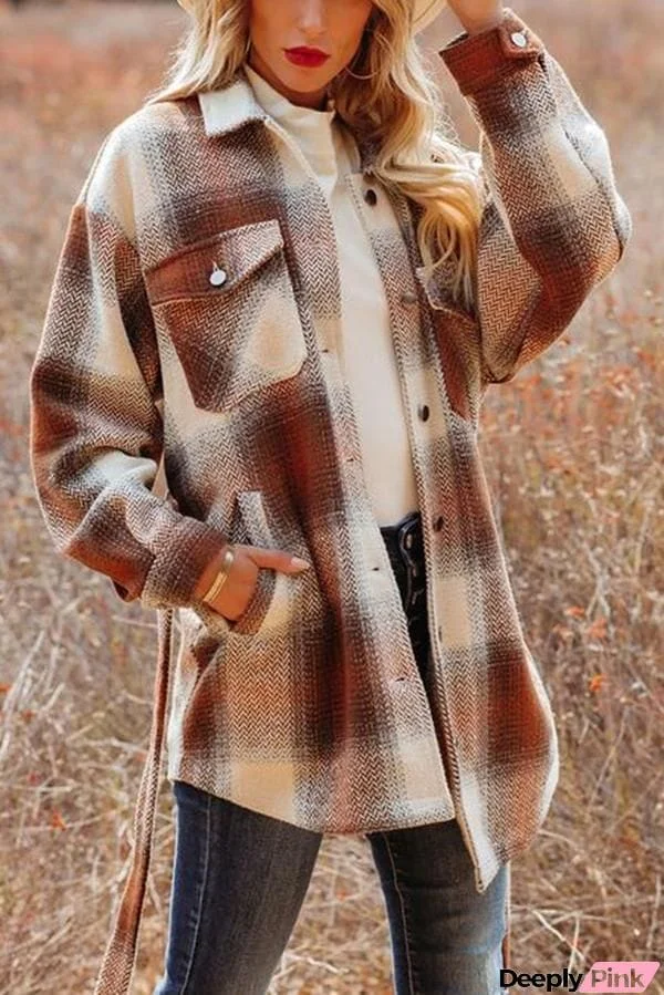 Travel Together Pocketed Belted Plaid Shacket