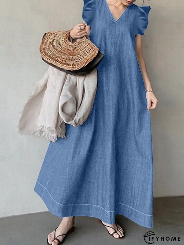 Denim Dress Swing Dress Maxi long Dress Denim Fashion Casual Outdoor Daily Vacation V Neck Pocket Short Sleeve Summer Spring Regular Fit Black Navy Blue Sky Blue Pure Color S M L XL 2XL for Women | IFYHOME
