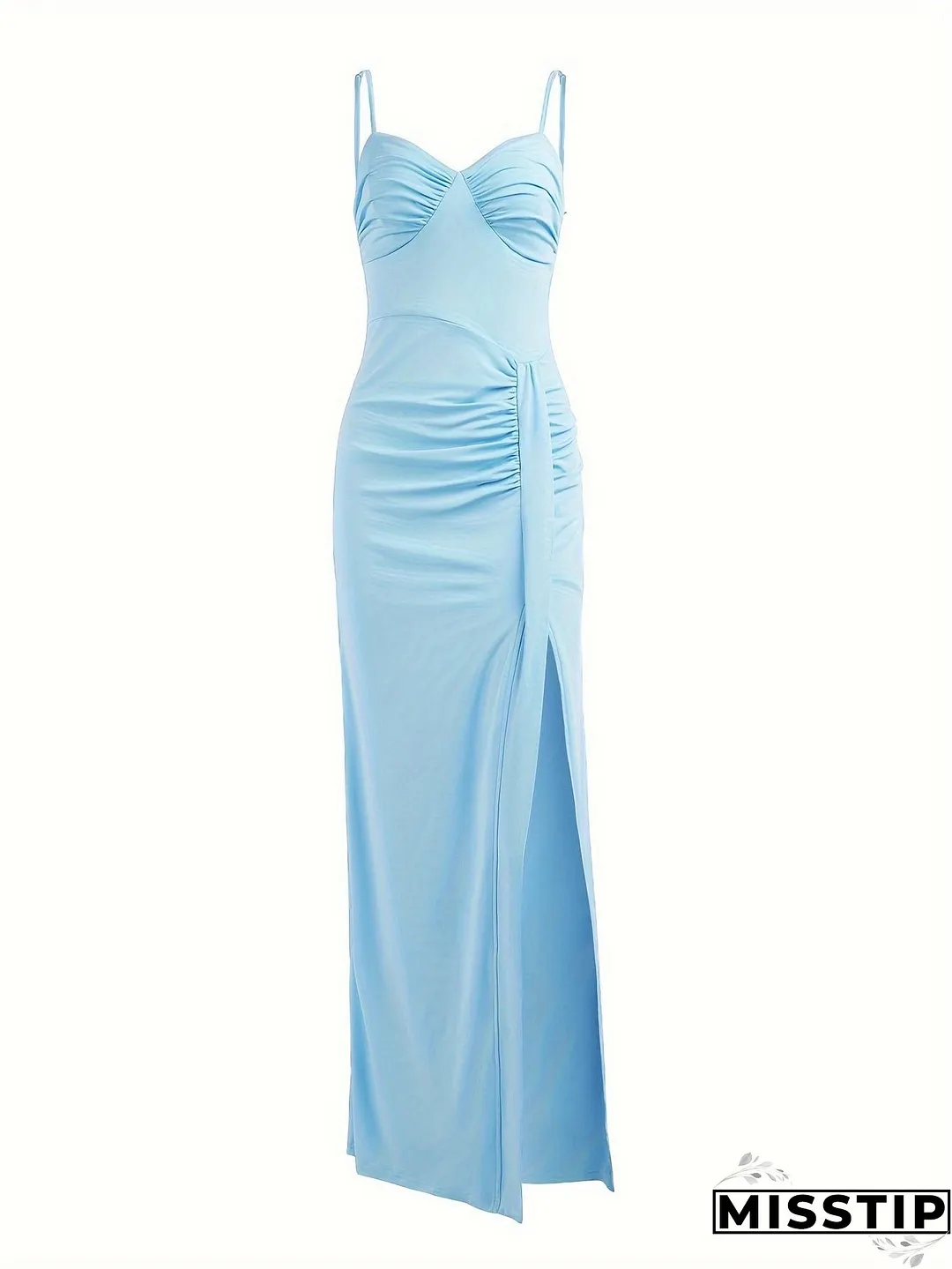 Ruched Backless Solid Dress, Elegant Spaghetti Strap Split Dress, Women's Clothing