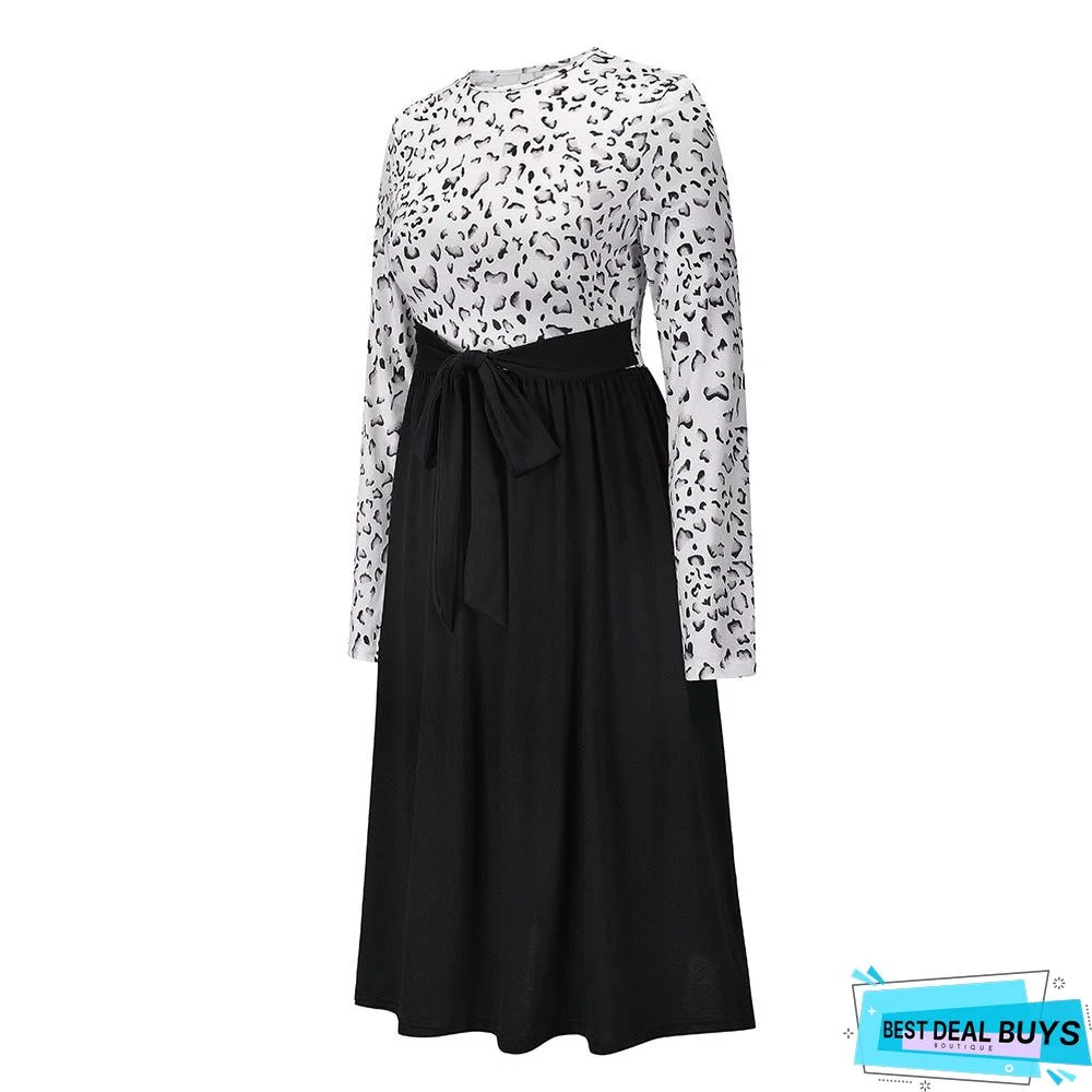 Leopard Stitched Long Sleeve Dress New Knitted Skirt In Autumn and Winter Black Dresses