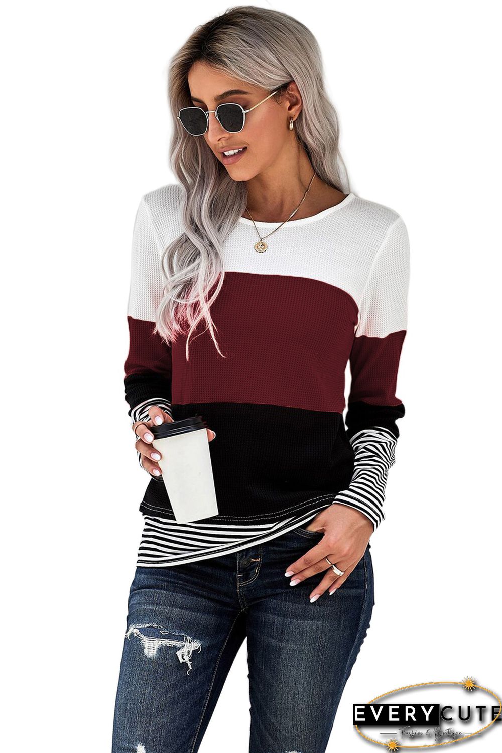 Wine Stylish Colorblock Splicing Stripes Top