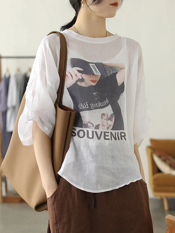 Casual Cartoon Stamped Thin Half Sleeve T-Shirts Tops