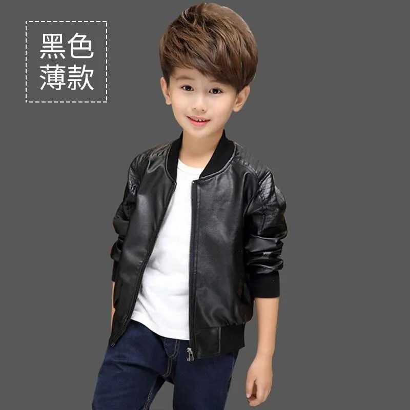 INS hot Baby Boys PU Jackets 1-13 year old Threaded round neck jacket autumn and winter plus velvet thickening all season