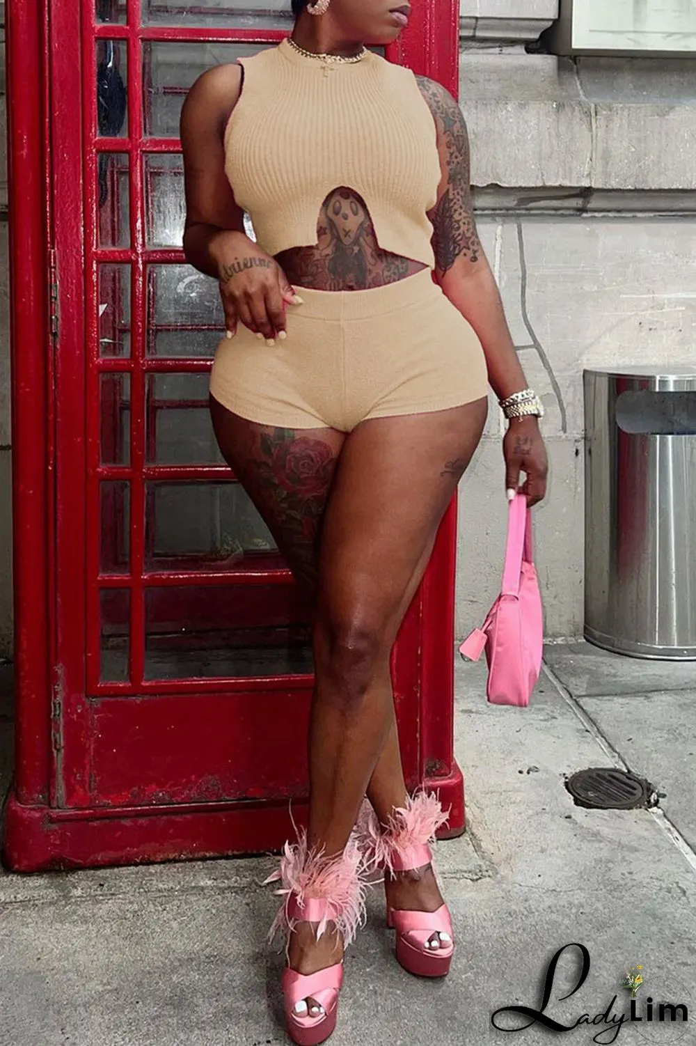 Pink Fashion Casual Solid Basic O Neck Sleeveless Two Pieces