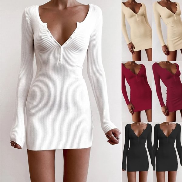 Autumn Fashion Deep V Neck Bodycon Mini Dress Long Sleeve Slim Fit Package Hip Dress Bottoming Dresses for Women