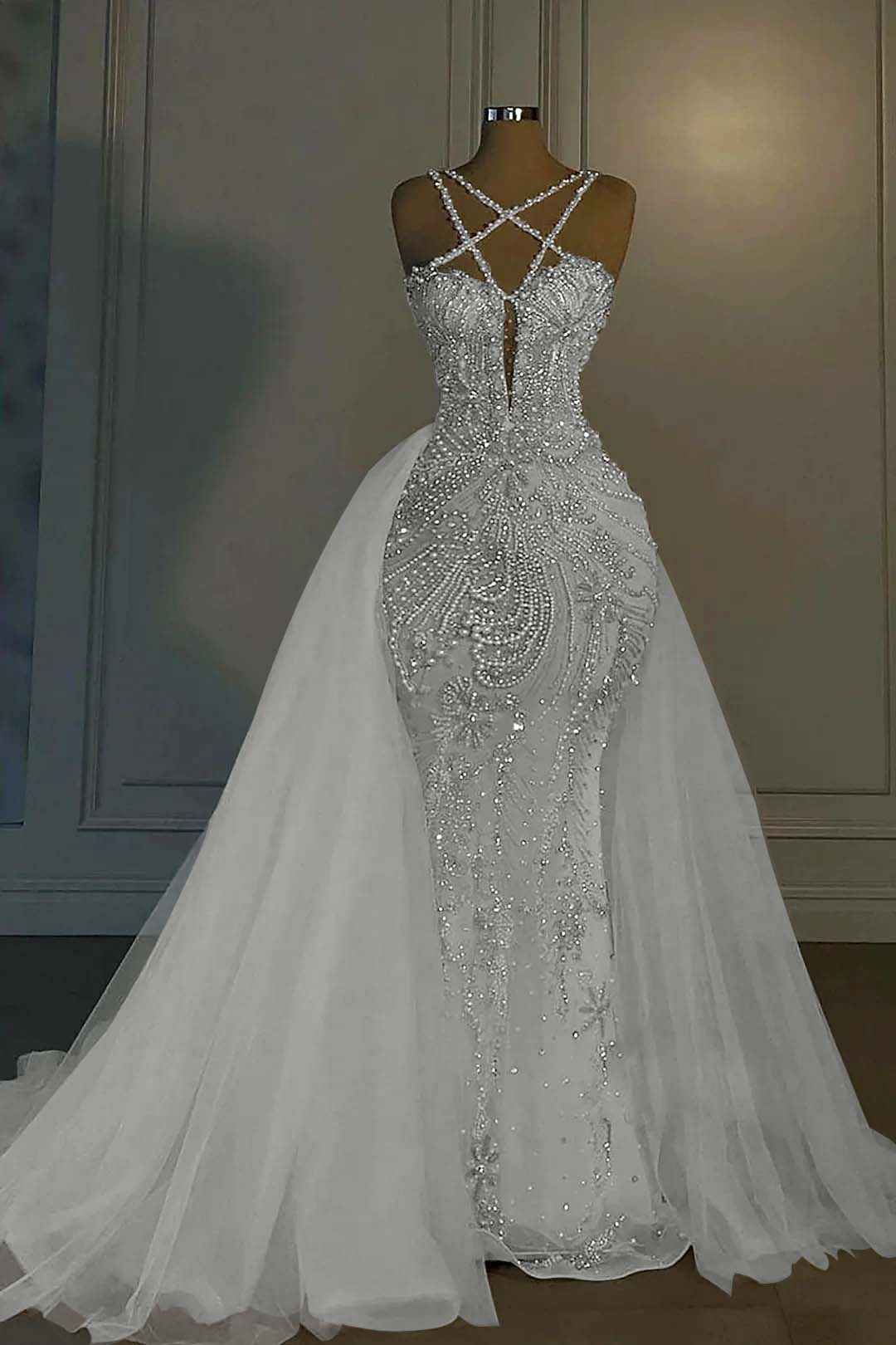 Lisliy Heavy Wedding Dress Long Mermaid V Neck Spaghetti Strap With Beadings 