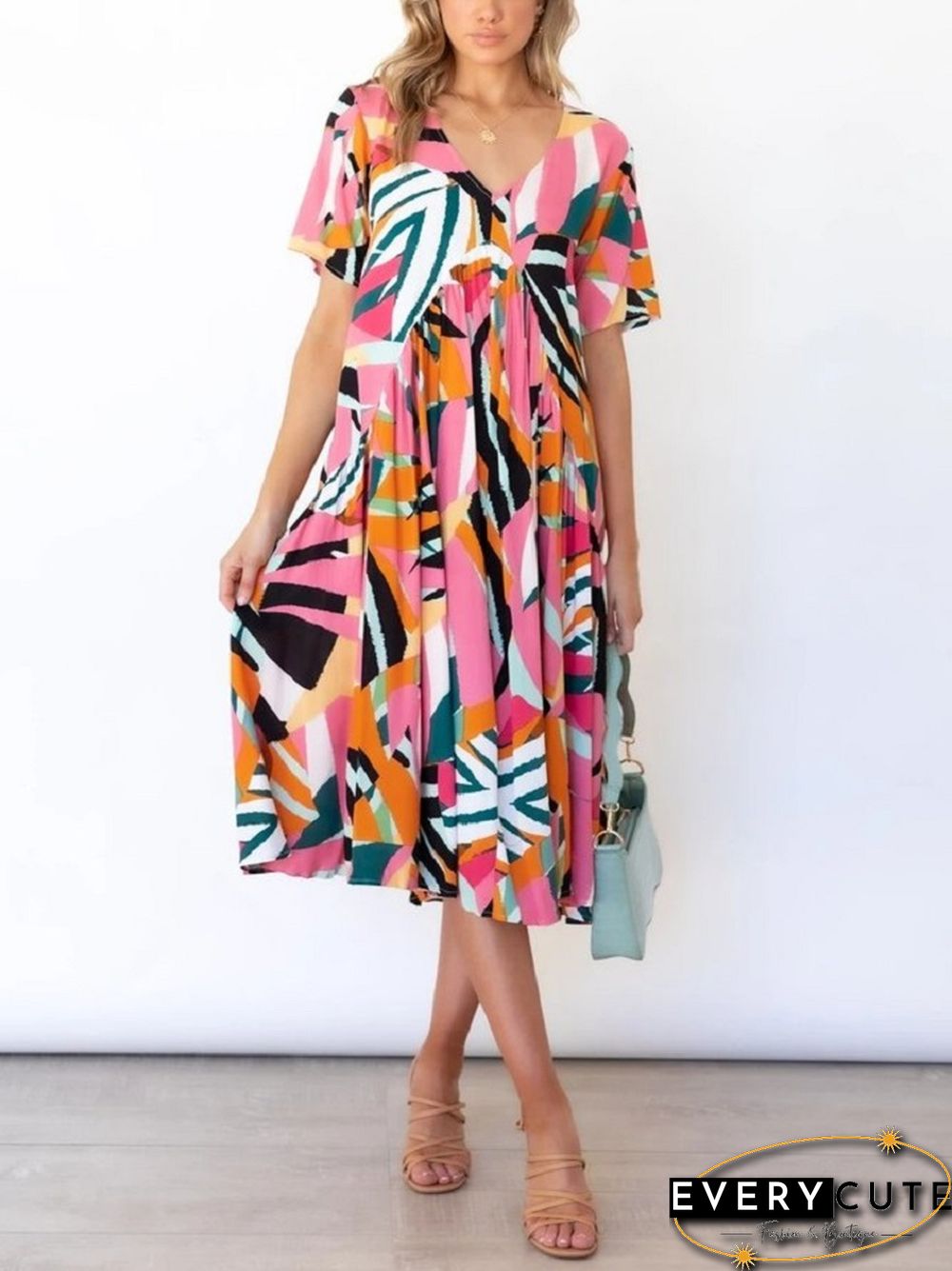 Loose V Neck Printed Short Sleeve Dress