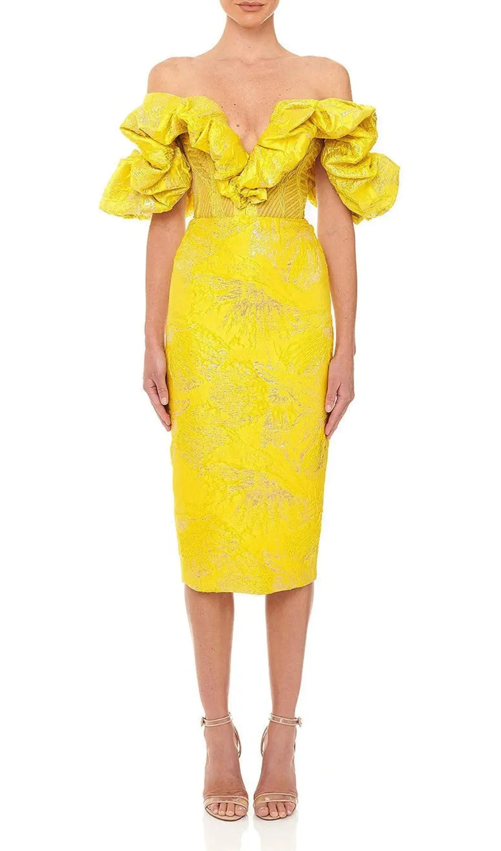 Jacquard Strapless Lace Midi Dress In Yellow