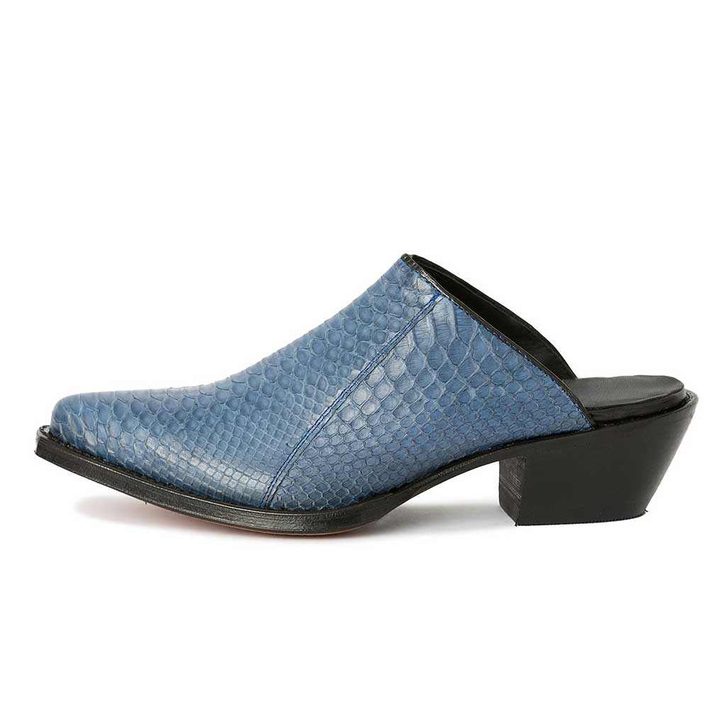 Blue Almond Toe Snake Embossed Chunky Heel Western Mules for Women Nicepairs
